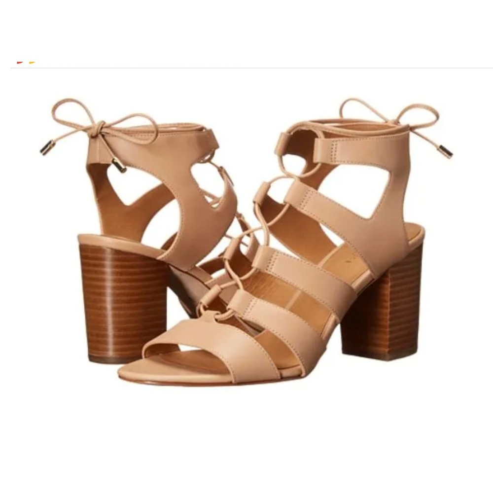 Coach Nude Beige Leather Lace Up Gladiator Block Heel Sandals Tie Womens 8.5